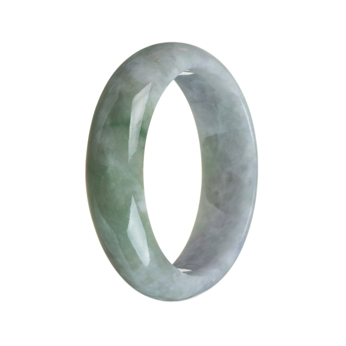 A lavender and green bangle bracelet made with certified Type A lavender and green Burma Jade, featuring a 58mm half moon design.