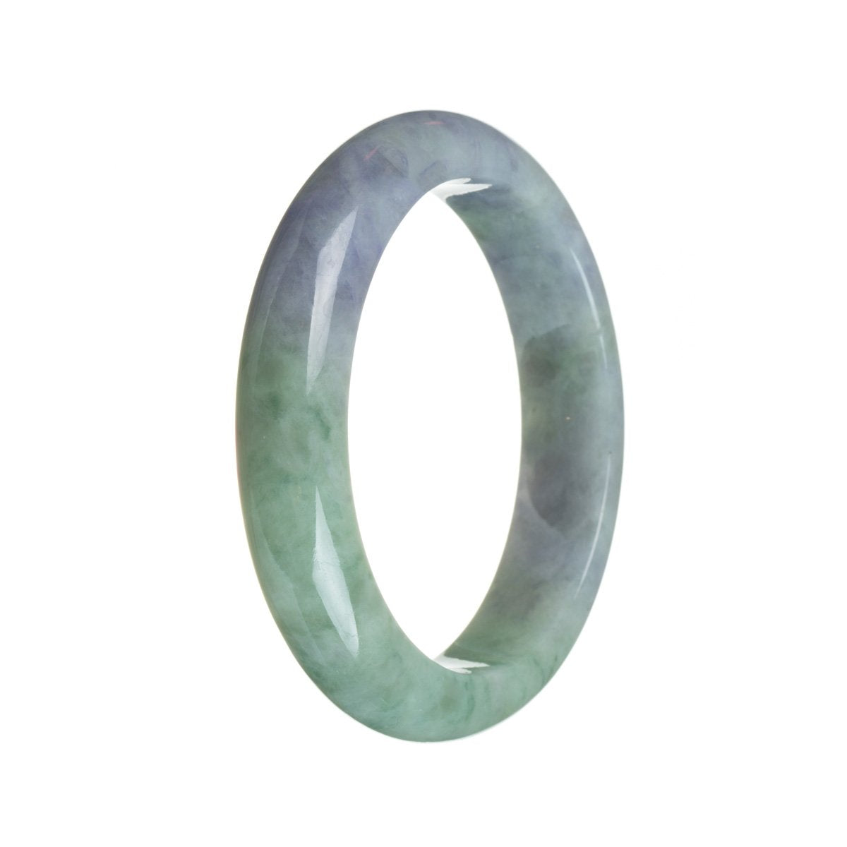 A close-up image of a lavender-colored bangle made with untreated strong lavender and green Jadeite stones. The bangle is in the shape of a half moon and has a diameter of 57mm. It is certified for its authenticity and quality by MAYS GEMS.