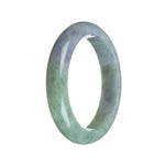 A close-up image of a lavender-colored bangle made with untreated strong lavender and green Jadeite stones. The bangle is in the shape of a half moon and has a diameter of 57mm. It is certified for its authenticity and quality by MAYS GEMS.