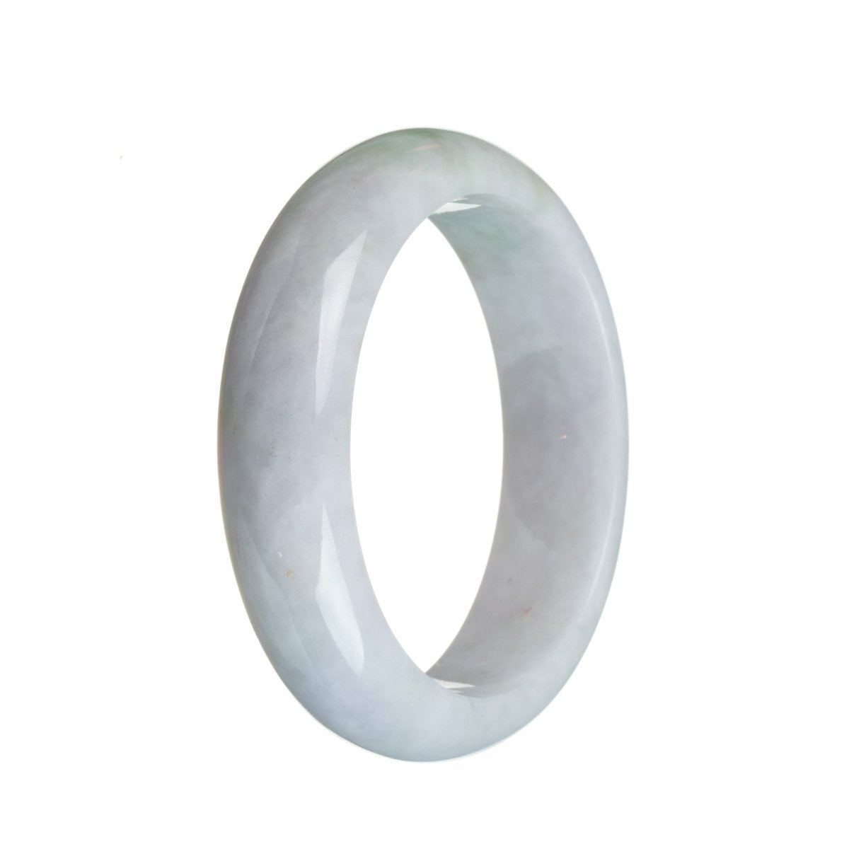 A close-up image of a lavender-colored bracelet made of real grade A jadeite jade. The bracelet features a half-moon shape and a small green section.