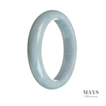 A close-up image of a bluish lavender jade bracelet with a half moon shape, showcasing its genuine and untreated beauty.