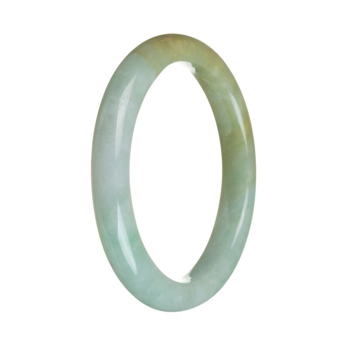 A beautiful jade bracelet with green and brown tones, featuring genuine Type A jadeite jade. The bracelet is semi-round in shape and measures 63mm in size. Made by MAYS.