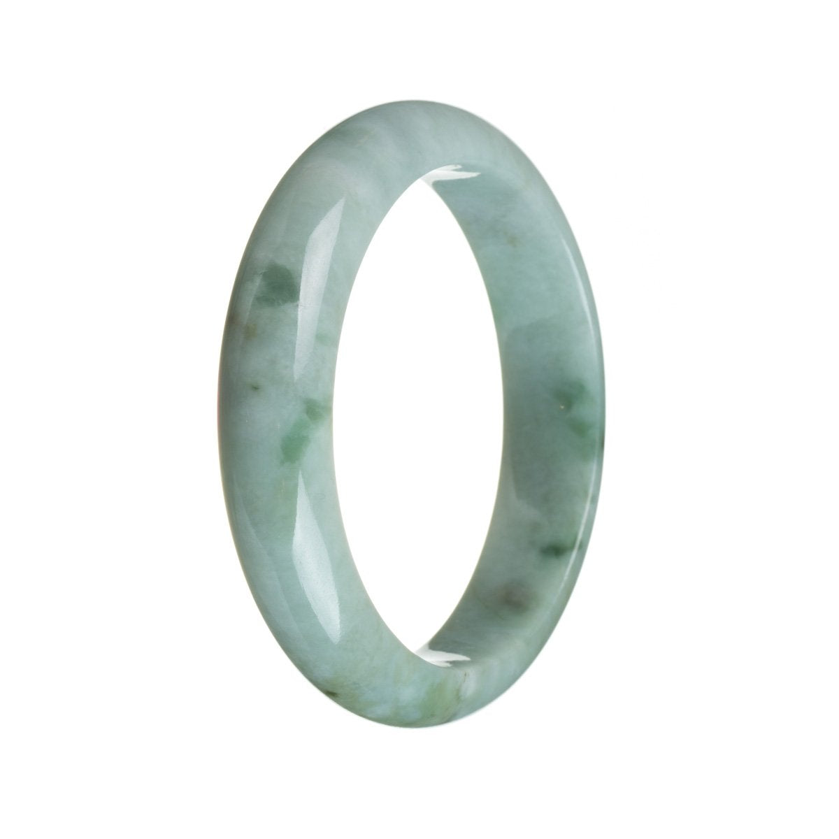 A close-up photo of a pale green Burmese jade bracelet with a half moon shape. This high-quality, genuine Grade A jade piece exudes elegance and beauty.