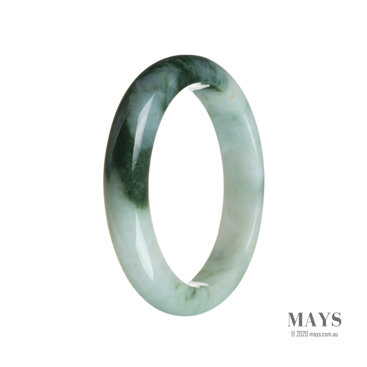 An elegant green patterned jadeite bangle, grade A quality, on a white background. The bangle has a semi-round shape and measures 55mm in diameter. Sold by MAYS GEMS.