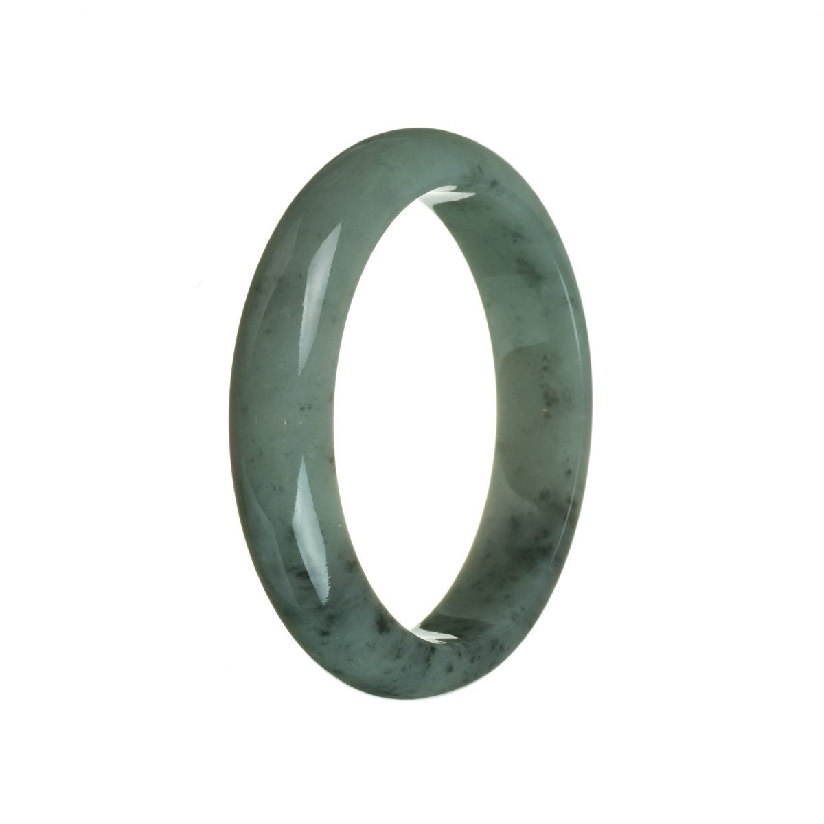 A close-up image of a real untreated green jadeite bangle bracelet. The bracelet is semi-round in shape and measures 59mm in diameter. The vibrant green color of the jadeite is showcased, highlighting its natural beauty. The bracelet is from MAYS GEMS.