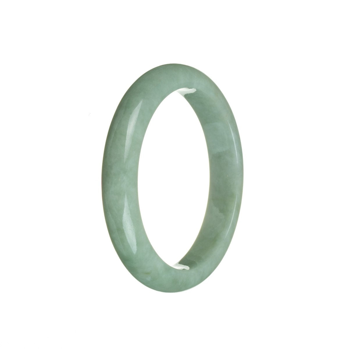 A close-up photo of a light green jadeite bracelet with a semi-round shape. The bracelet is made of genuine untreated jadeite and measures 55mm in diameter. The jadeite has a smooth texture and a natural light green color. The bracelet is designed by MAYS.