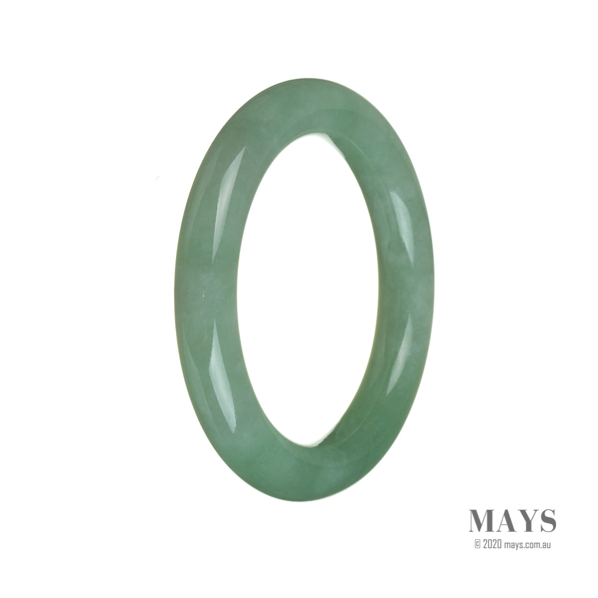 A round, Type A Green Burmese Jade bangle measuring 55mm in diameter. The bangle is made from genuine jade and features a vibrant green color. The brand MAYS™ is associated with this item.
