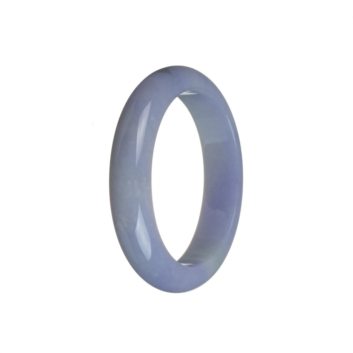 A close-up image of a beautiful lavender jade bangle bracelet, with a smooth oval shape and a Grade A certification. The bracelet has a rich, intense color that exudes a sense of elegance and luxury. Perfect for those who appreciate the beauty of natural gemstones.