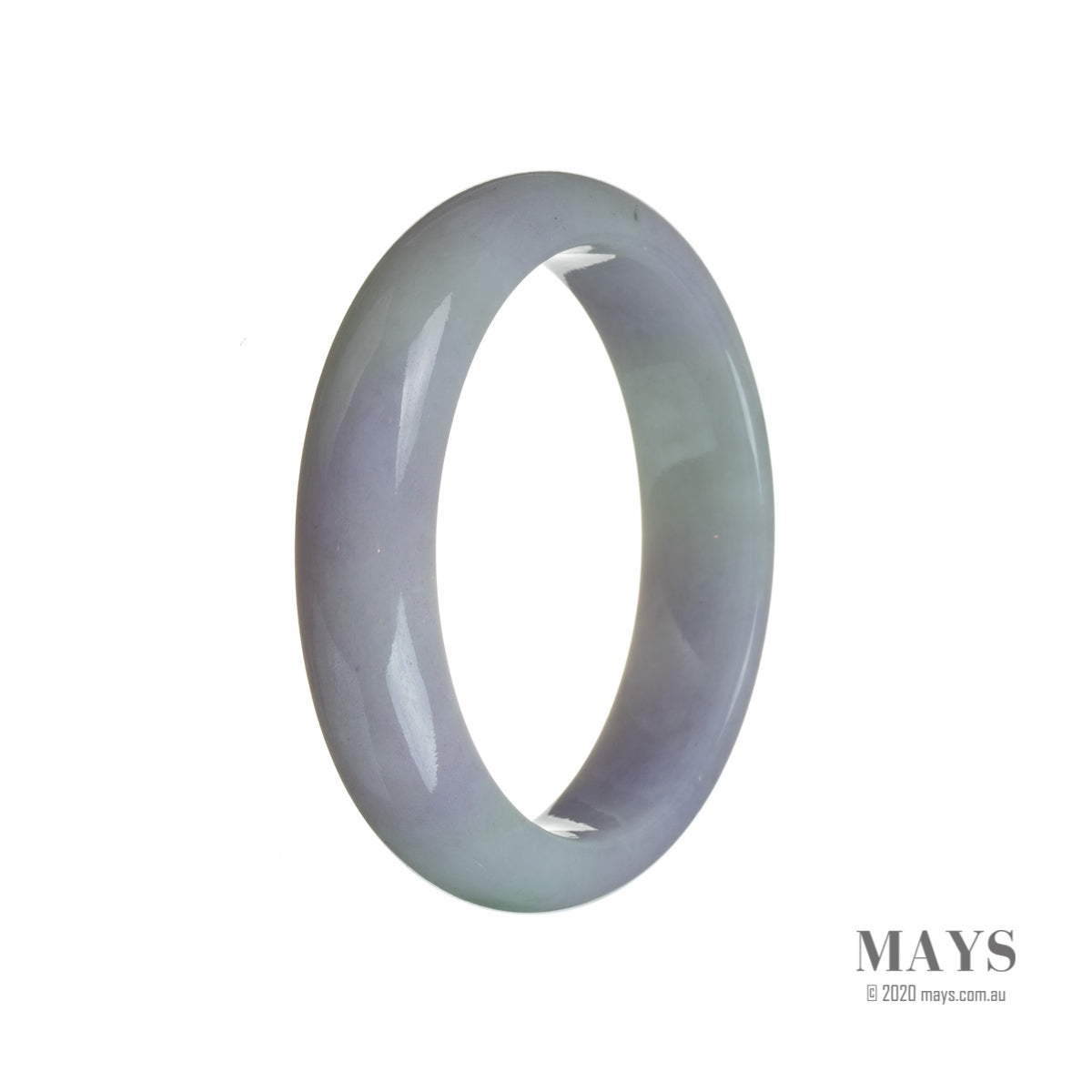 A lavender-colored semi-round jade bangle bracelet, made from genuine Grade A Burmese jade, measuring 57mm in diameter.