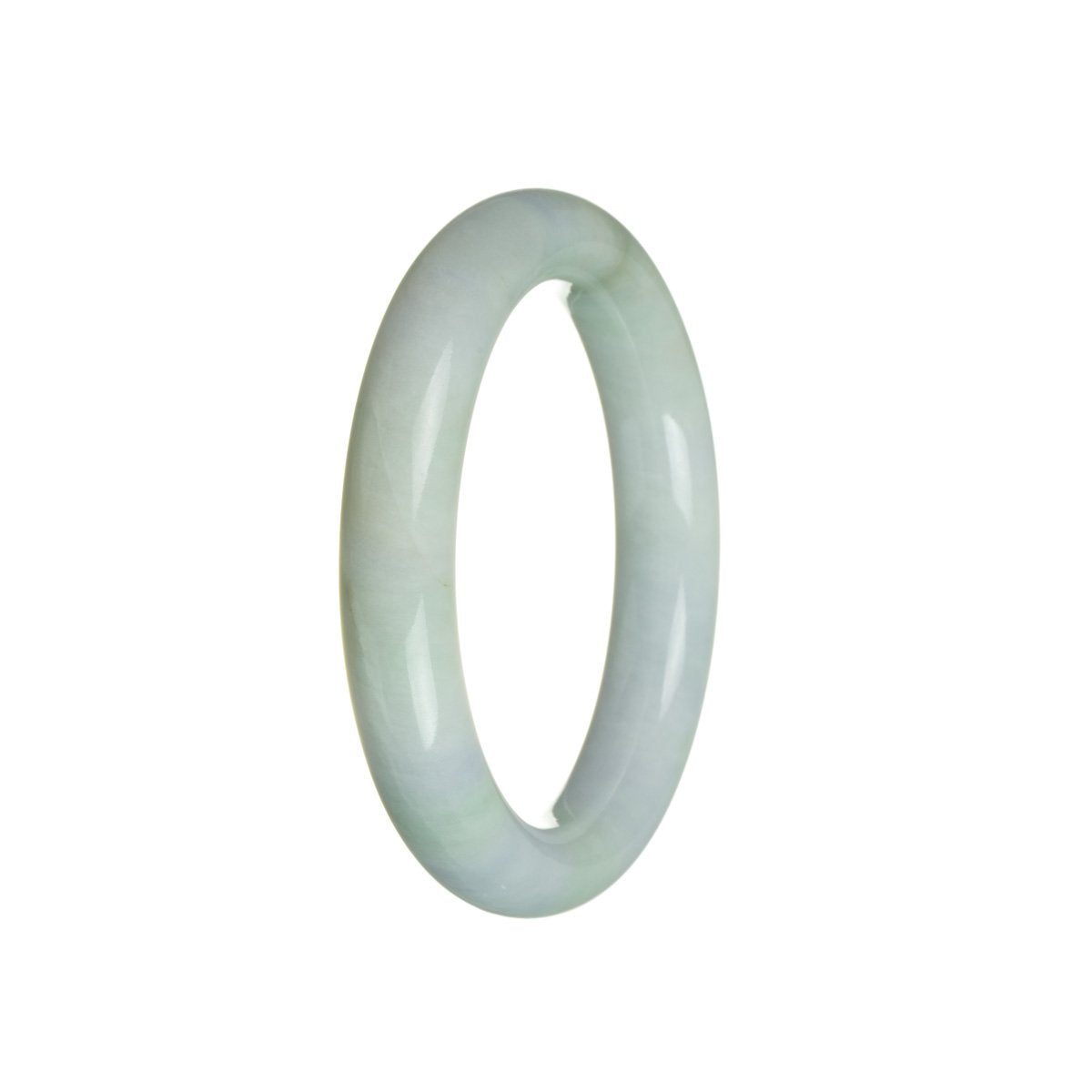 A close-up photo of a green and lavender jadeite bangle bracelet with a semi-round shape, measuring 56mm in diameter.