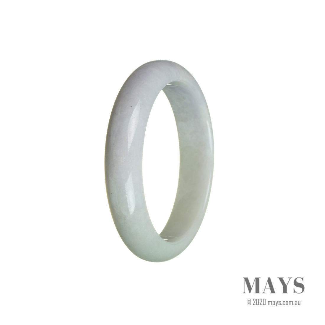 A close-up image of a lavender and green bracelet made with Grade A Lavender and Green Burma Jade. The bracelet features 55mm half moon-shaped stones and is designed by MAYS™.