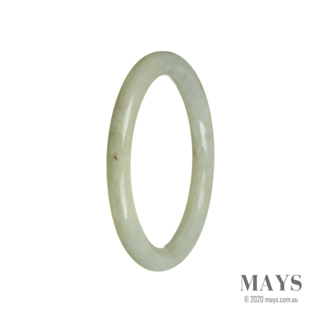 A pale green jadeite bracelet, featuring oval-shaped beads measuring 60mm in diameter. The bracelet is made of genuine Type A jadeite, known for its high quality and vibrant color. It is a beautiful piece of jewelry crafted by MAYS.