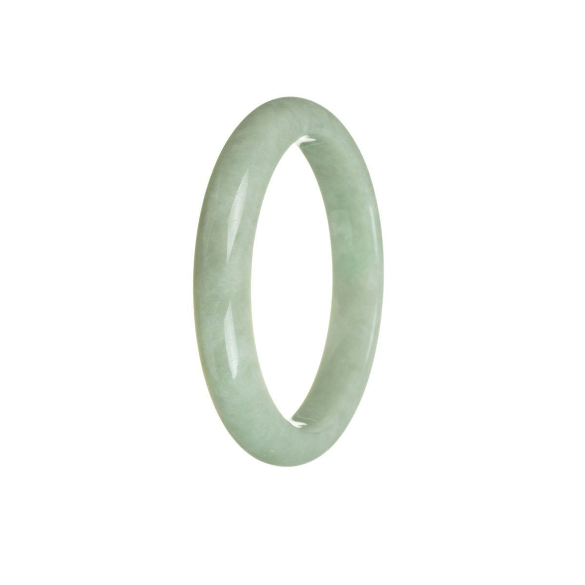A stunning green Burmese jade bangle with a smooth half moon shape, measuring 55mm in size.