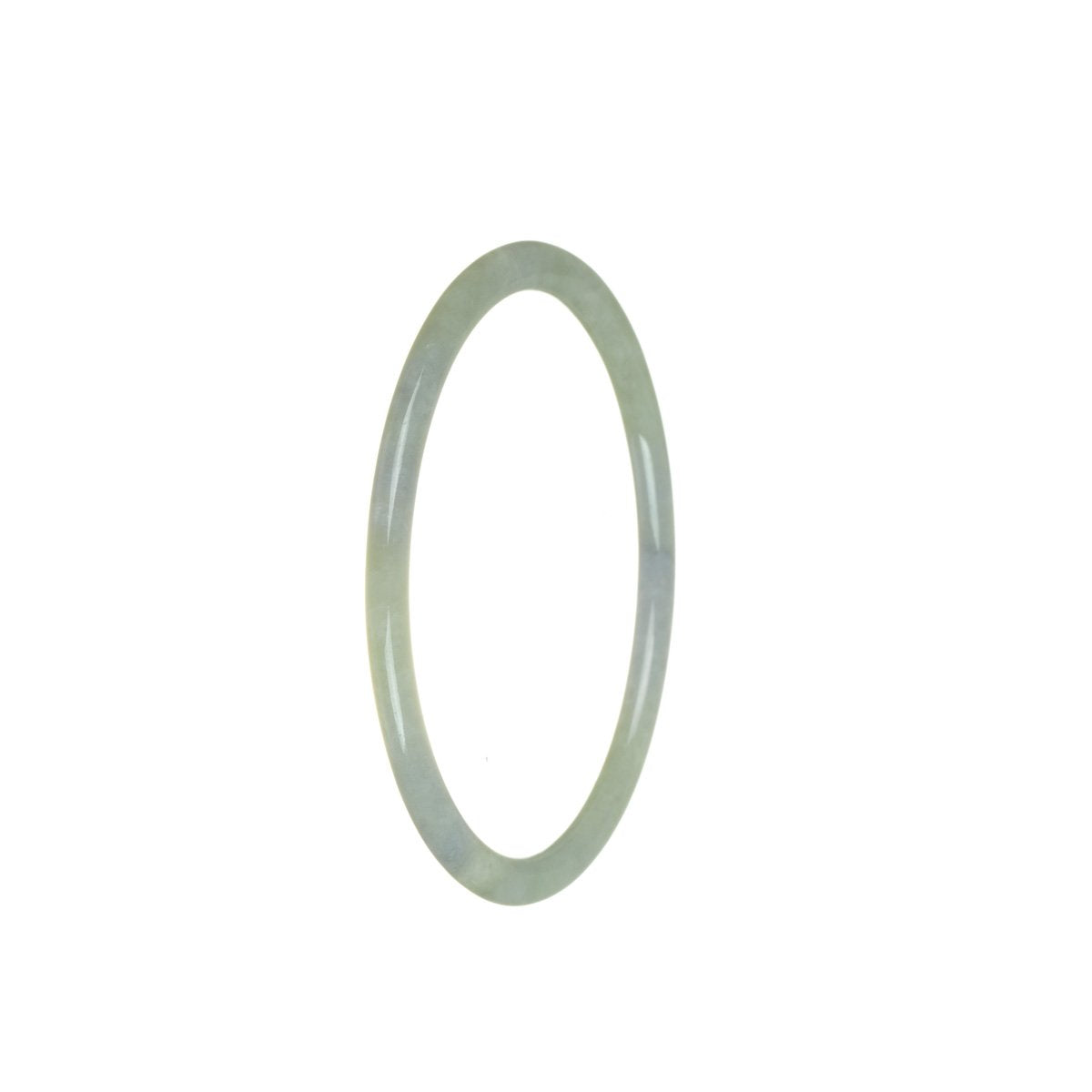 A close-up photo of a thin jade bangle bracelet with a vibrant green color and swirls of lavender running through it. It has a smooth, polished surface and a slightly curved shape. The bracelet is made from authentic Grade A Burma jade and measures 58mm in diameter. The light catches the bracelet, highlighting its natural beauty.