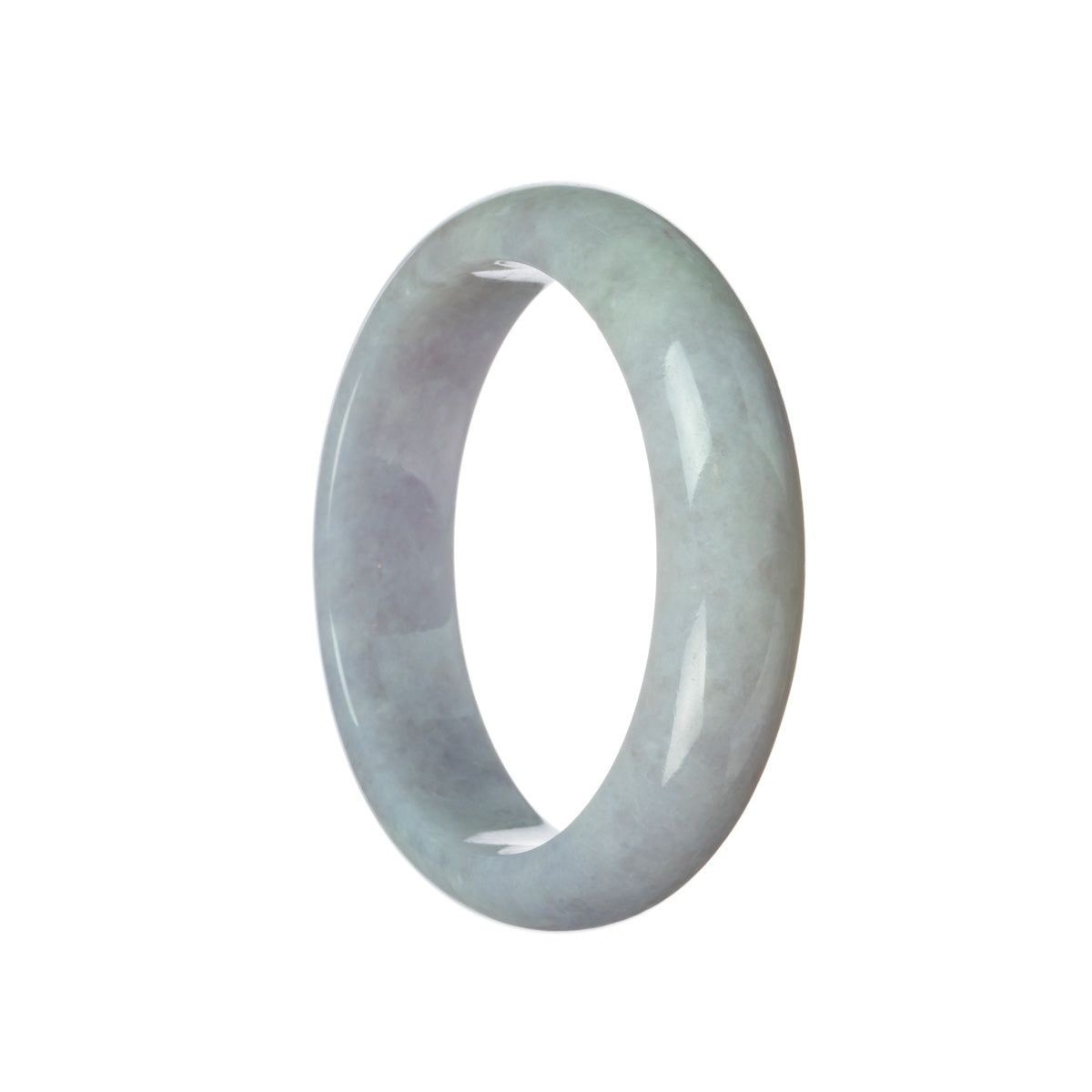 Close-up of a lavender-colored bangle bracelet made of Grade A jadeite. The bracelet is in a half-moon shape with a smooth and polished surface. It measures 61mm in diameter and is certified for its quality. The brand name "MAYS" is engraved on the inner side of the bracelet.