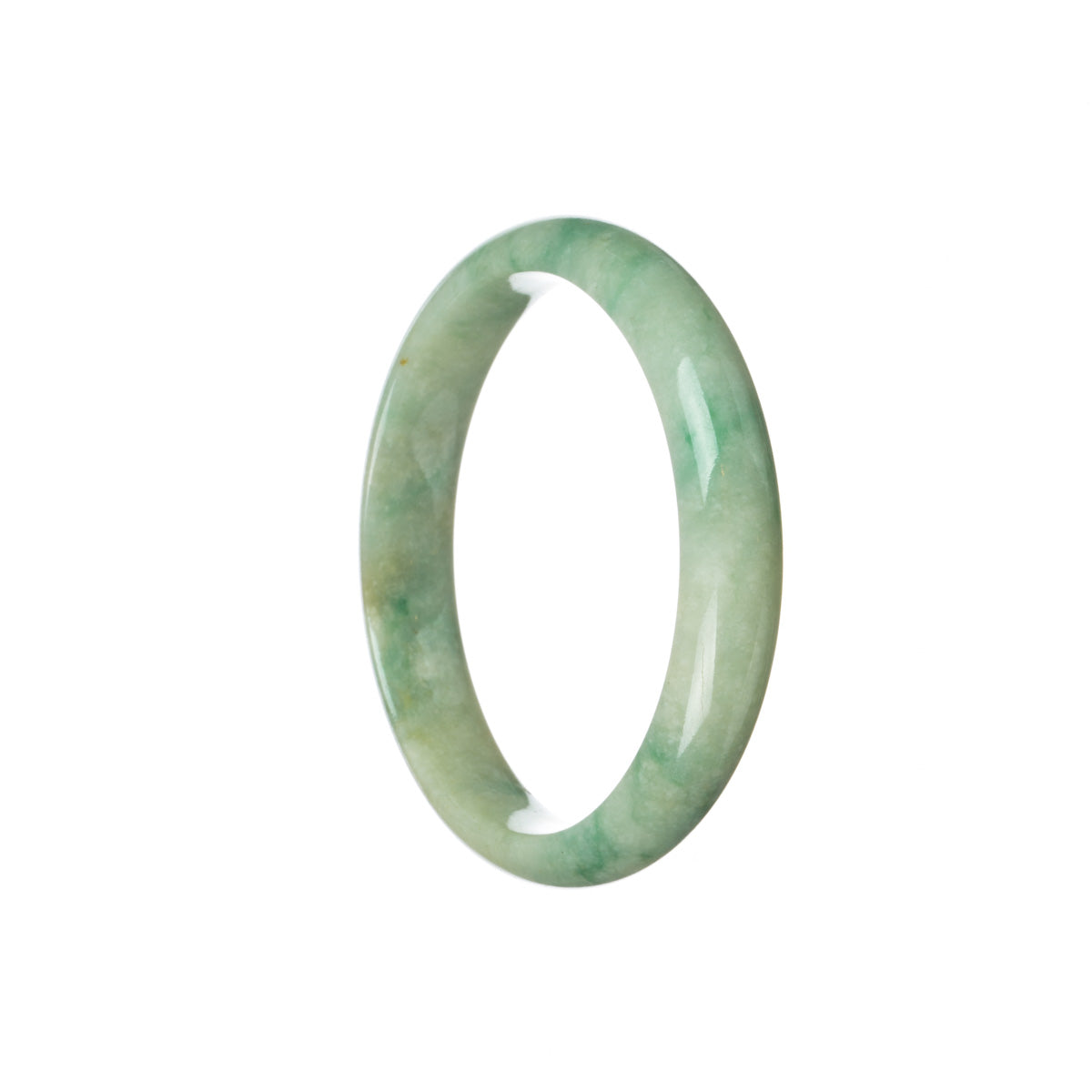 A beautiful light green flower jadeite jade bangle with a half moon shape, measuring 57mm.