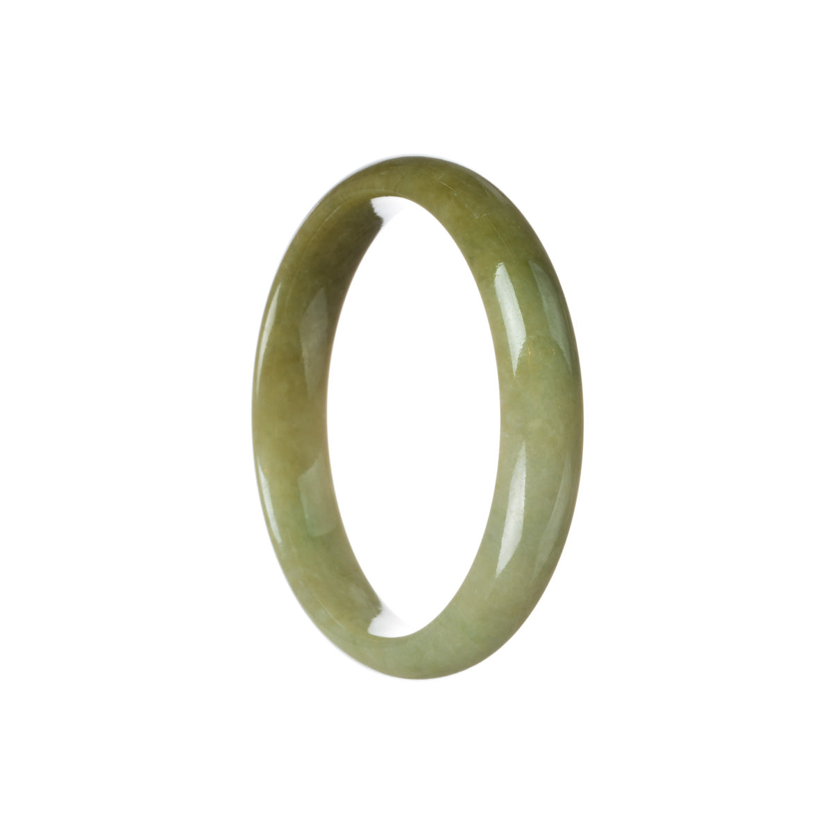 A half moon-shaped jade bracelet in a certified natural brownish olive green color with a prominent brown patch.