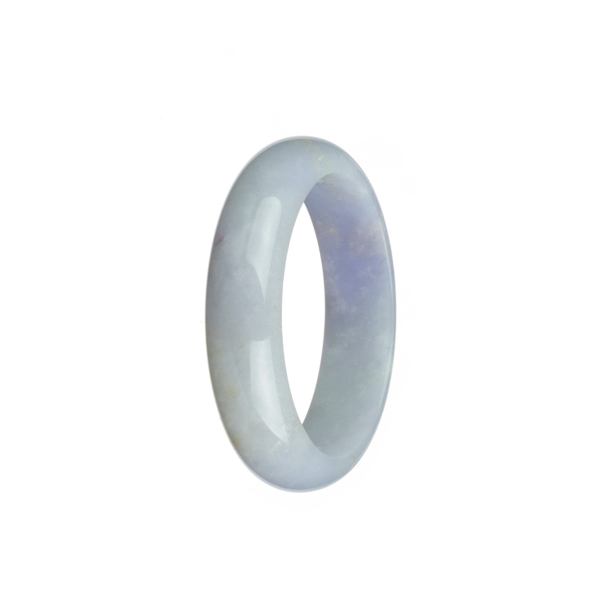 A close-up of a half moon-shaped lavender Burma jade bracelet, showcasing its natural and untreated beauty.