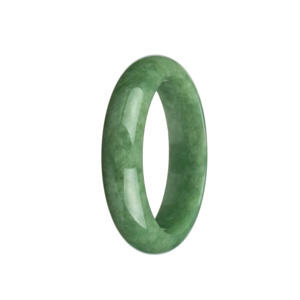 A close-up image of a beautiful, high-quality green Burmese jade bangle bracelet. The bracelet has a smooth, polished surface and is in the shape of a half moon. It measures 58mm in diameter. The vibrant green color of the jade is eye-catching and adds a touch of elegance to any outfit.