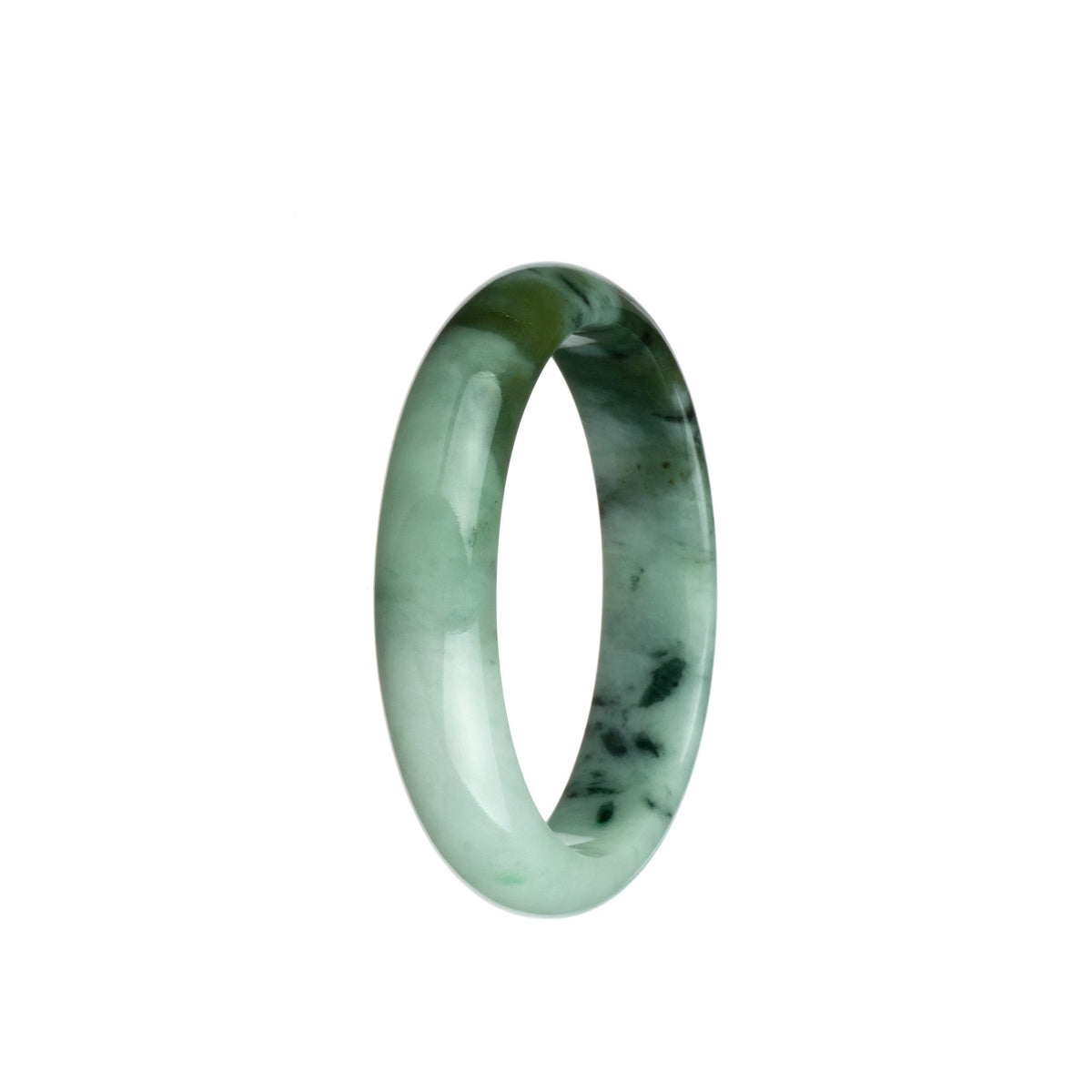 Close-up photo of a beautiful pale green and olive green Burma jade bangle with a half moon shape.