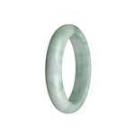 Close-up image of a pale green and light green jadeite jade bangle with a half moon shape, measuring 58mm in diameter.