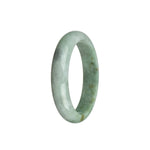 A close-up image of a stunning jade bracelet featuring a half-moon shape. The bracelet is made of genuine Type A Green with White Burma Jade, with intricate patterns and beautiful shades of green. The bracelet measures 56mm in size and is a luxurious accessory to add to any jewelry collection.