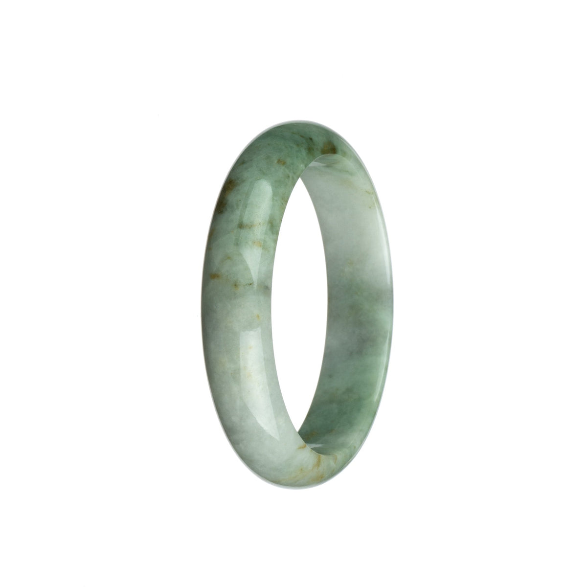A close-up photo of a half-moon shaped jade bangle in vibrant green with white streaks. It is certified as untreated and made of high-quality jadeite jade.