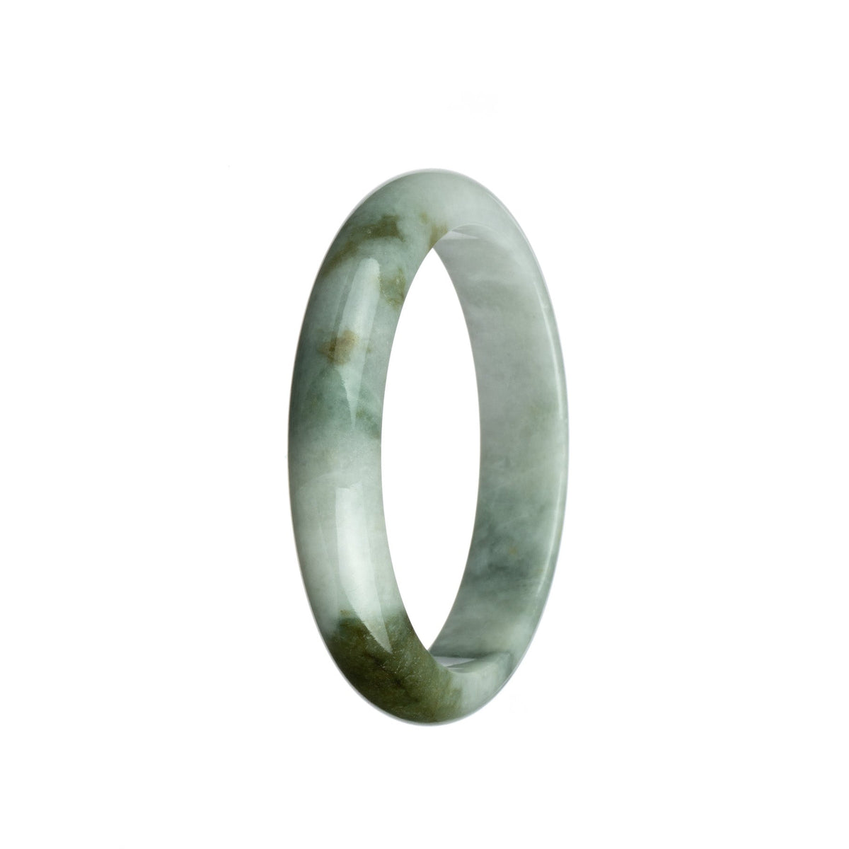 A close-up image of a beautiful white and olive green jade bangle with a half-moon shape. This certified Grade A jade bangle is 59mm in size and is made by MAYS™.