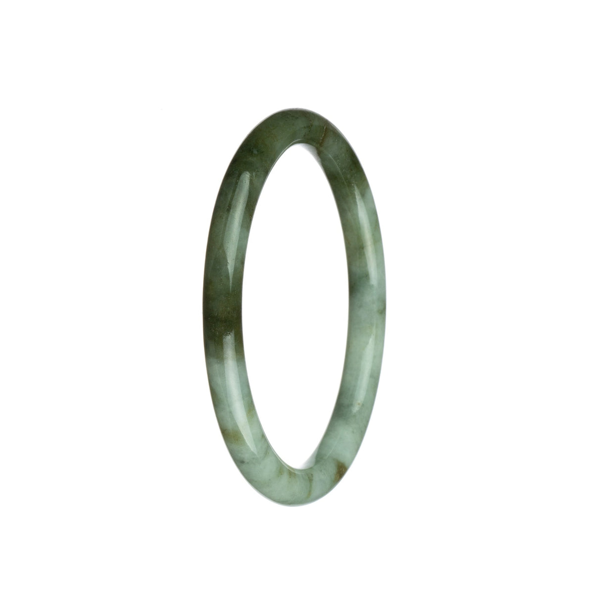 A delicate olive green and white Burmese jade bracelet, measuring 62mm in a petite round shape. The bracelet is made of genuine grade A jade and is adorned with the MAYS™ brand.