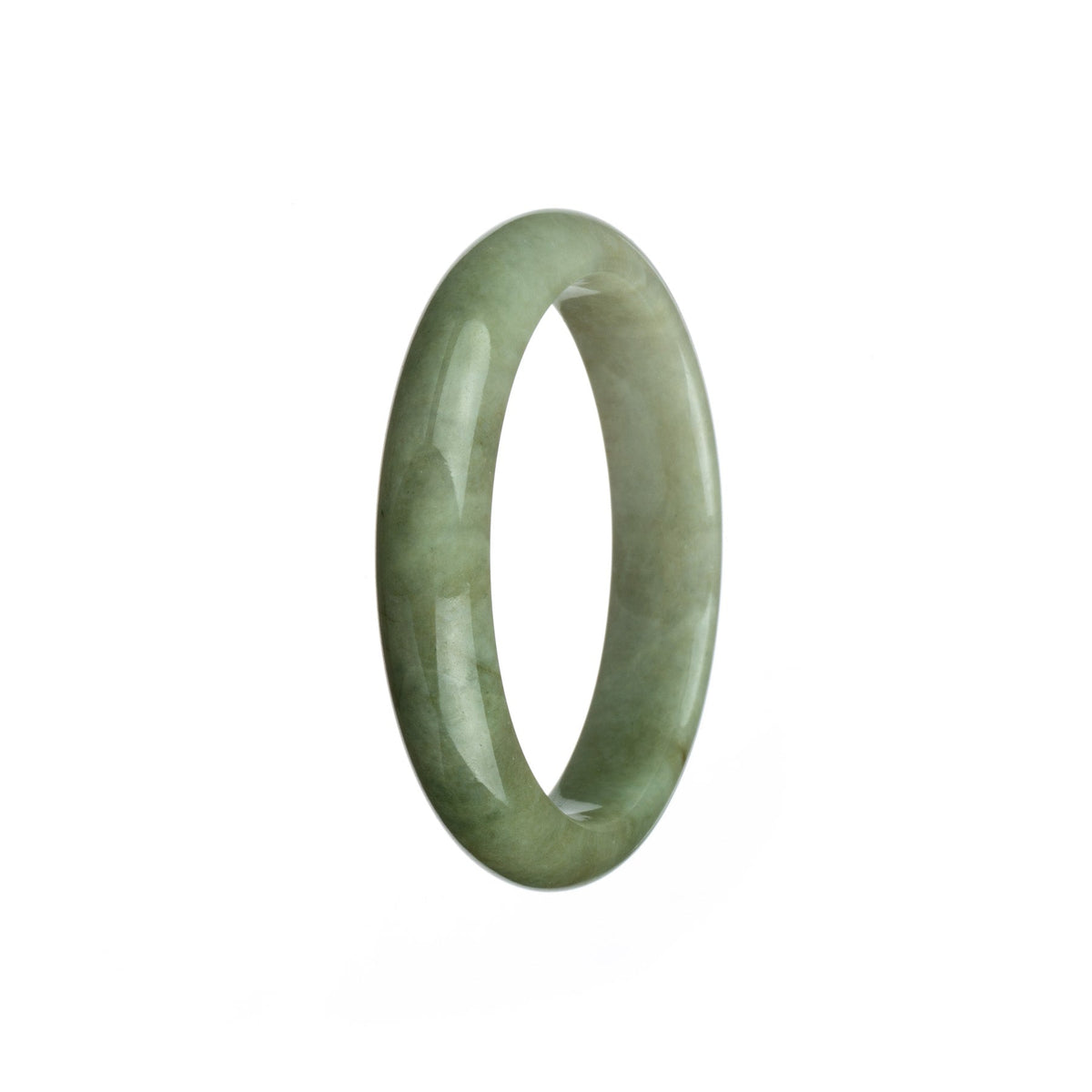 A white and green Burmese jade bangle featuring a half moon shape, measuring 55mm. This bangle is certified Grade A and is offered by MAYS GEMS.