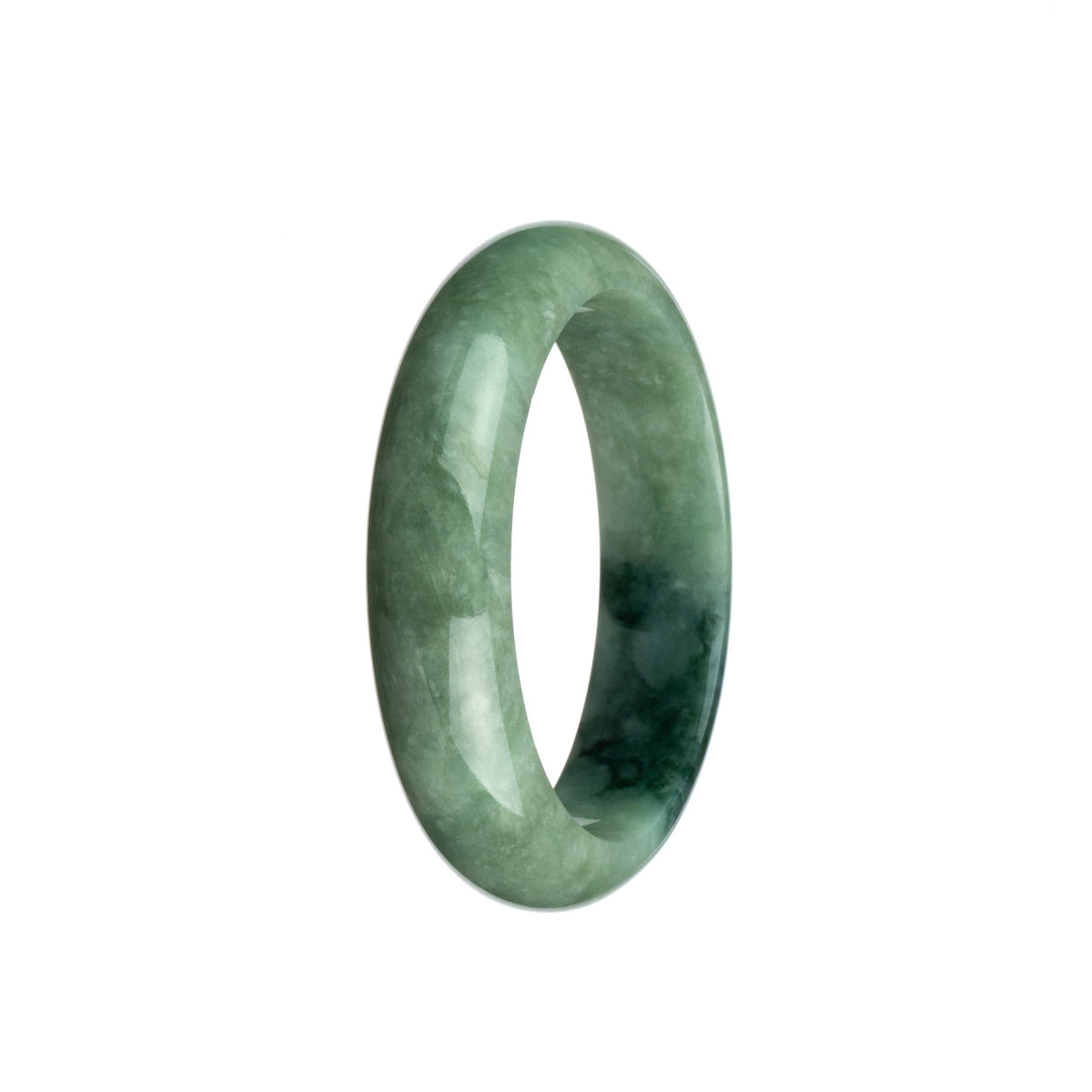 Close-up of a half-moon shaped jade bracelet in vibrant shades of green. The authentic Grade A jade has a smooth, polished surface, showcasing the natural beauty of the stone.