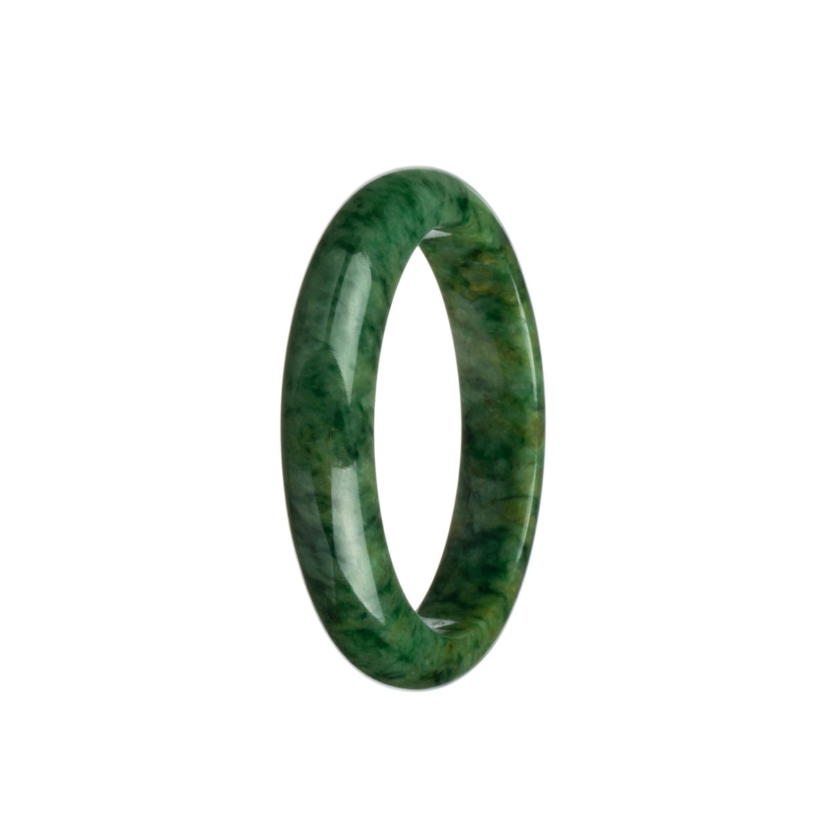 A close-up of a stunning jade bracelet, featuring a half moon shape, crafted from genuine Grade A green with dark green Burma jade. This high-quality piece of jewelry is a MAYS™ product.