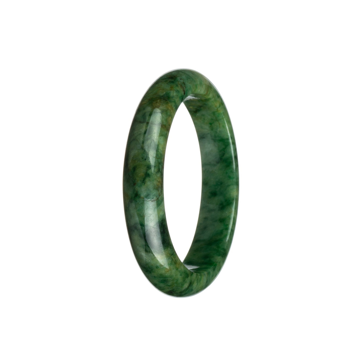 A close-up photo of a stunning green and dark green Burmese jade bangle bracelet. The bracelet has a smooth, polished surface and is shaped like a half moon. It measures 55mm in diameter.
