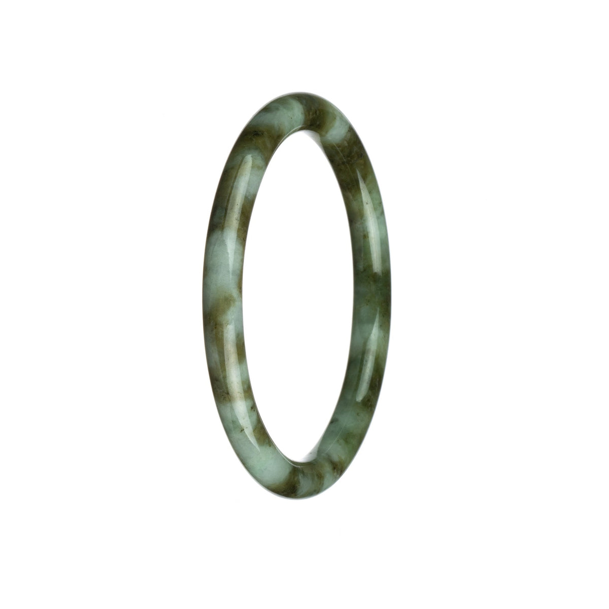 A close-up photo of a petite round bangle made from genuine natural grey with olive green Burma jade. The bangle has a smooth and polished surface, showcasing the unique and beautiful patterns and colors of the jade. It is a stunning piece of jewelry from MAYS GEMS.