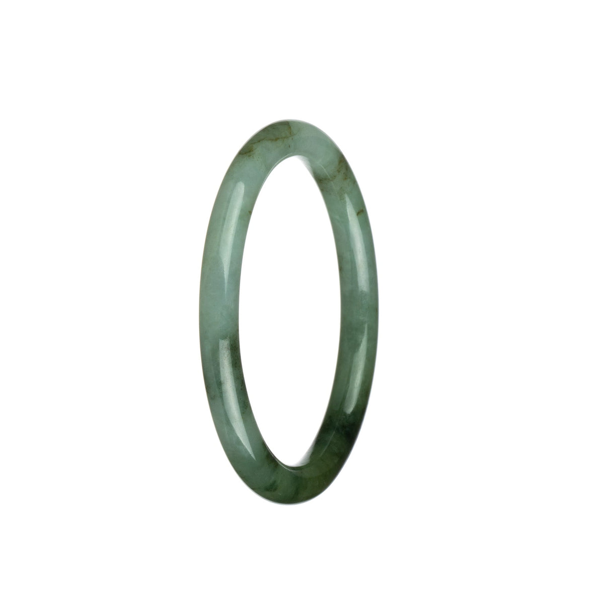A close-up photo of a beautiful light green with deep green jade bangle bracelet. The bracelet is petite and round in shape, measuring 57mm. It is a real grade A jade, showcasing its stunning color and natural patterns. Perfect for adding elegance and a touch of nature to any outfit. From MAYS GEMS.