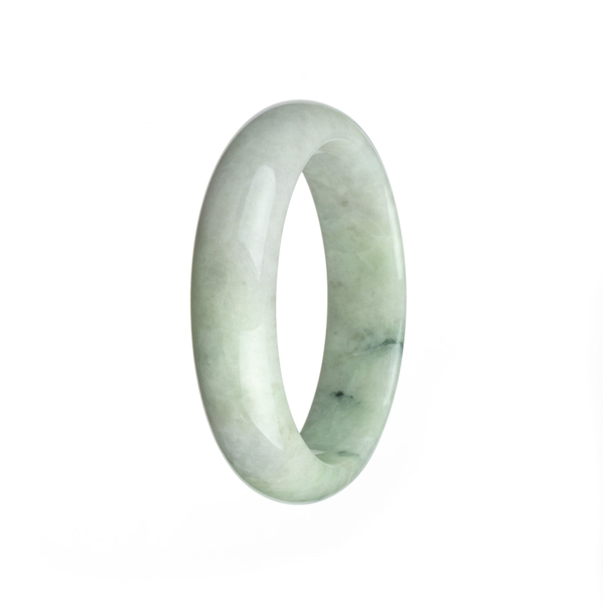 A close-up image of an untreated white jade bangle bracelet with a half-moon shape, measuring 59mm in diameter. The smooth, polished surface of the jade showcases its natural beauty and authenticity.