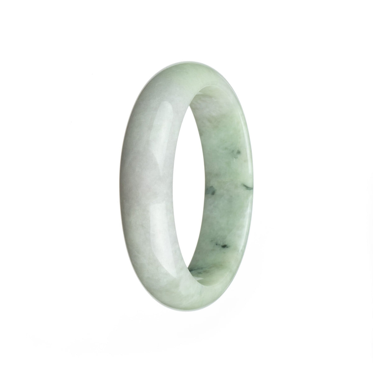 A close-up image of a delicate half moon-shaped white jade bracelet, crafted from high-quality Grade A white jadeite jade. The bracelet is 59mm in size and showcases the exquisite beauty and elegance of jade. It is a stunning piece of jewelry from MAYS.