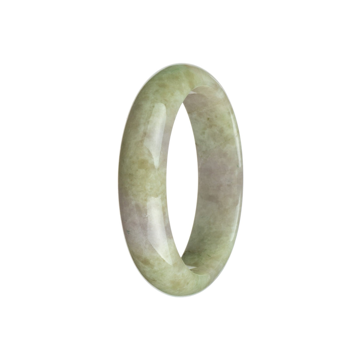 A close-up photo of a bangle bracelet made of certified natural Burma jade. The bracelet features a combination of brownish white and lavender hues, with a half-moon shape measuring 59mm in diameter. The intricate patterns and smooth texture make it a unique and elegant accessory.