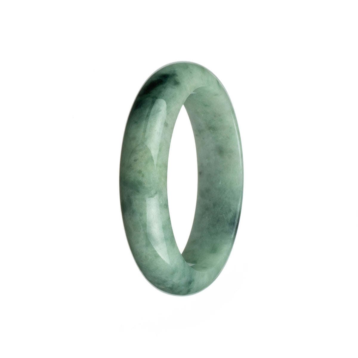 A half-moon shaped pale green and dark green patterned jade bangle, showcasing genuine natural beauty.