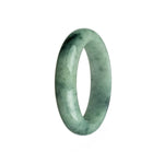 A half-moon shaped pale green and dark green patterned jade bangle, showcasing genuine natural beauty.