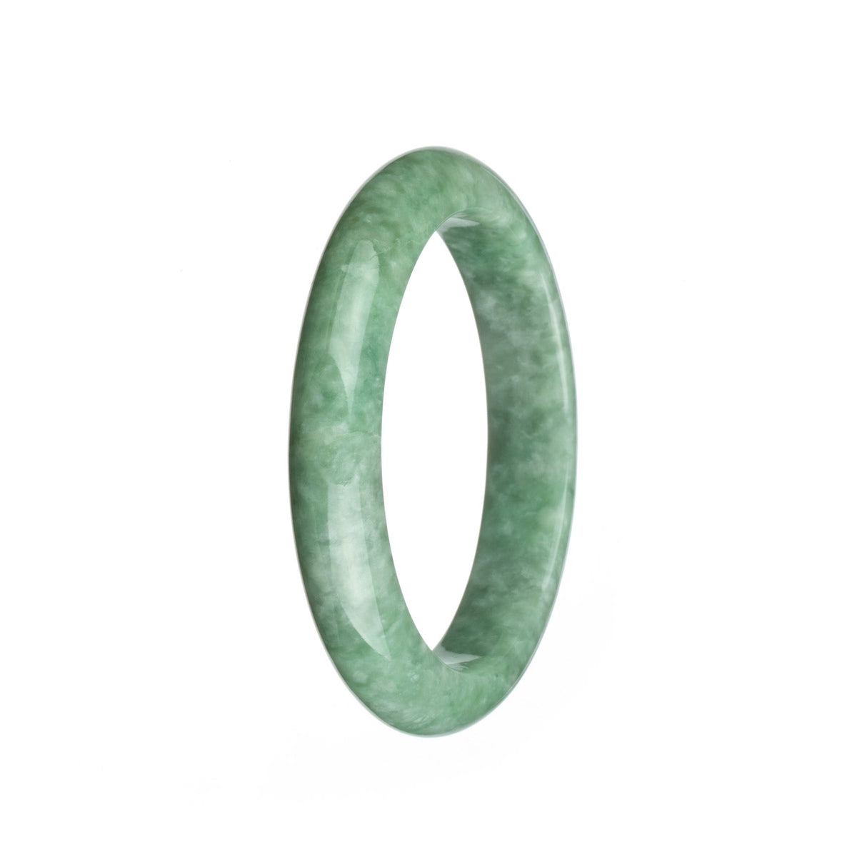A beautiful light green jadeite bangle with a mottled pattern, measuring 59mm in a semi-round shape. The bangle is genuine and natural, making it a stunning addition to any jewelry collection.