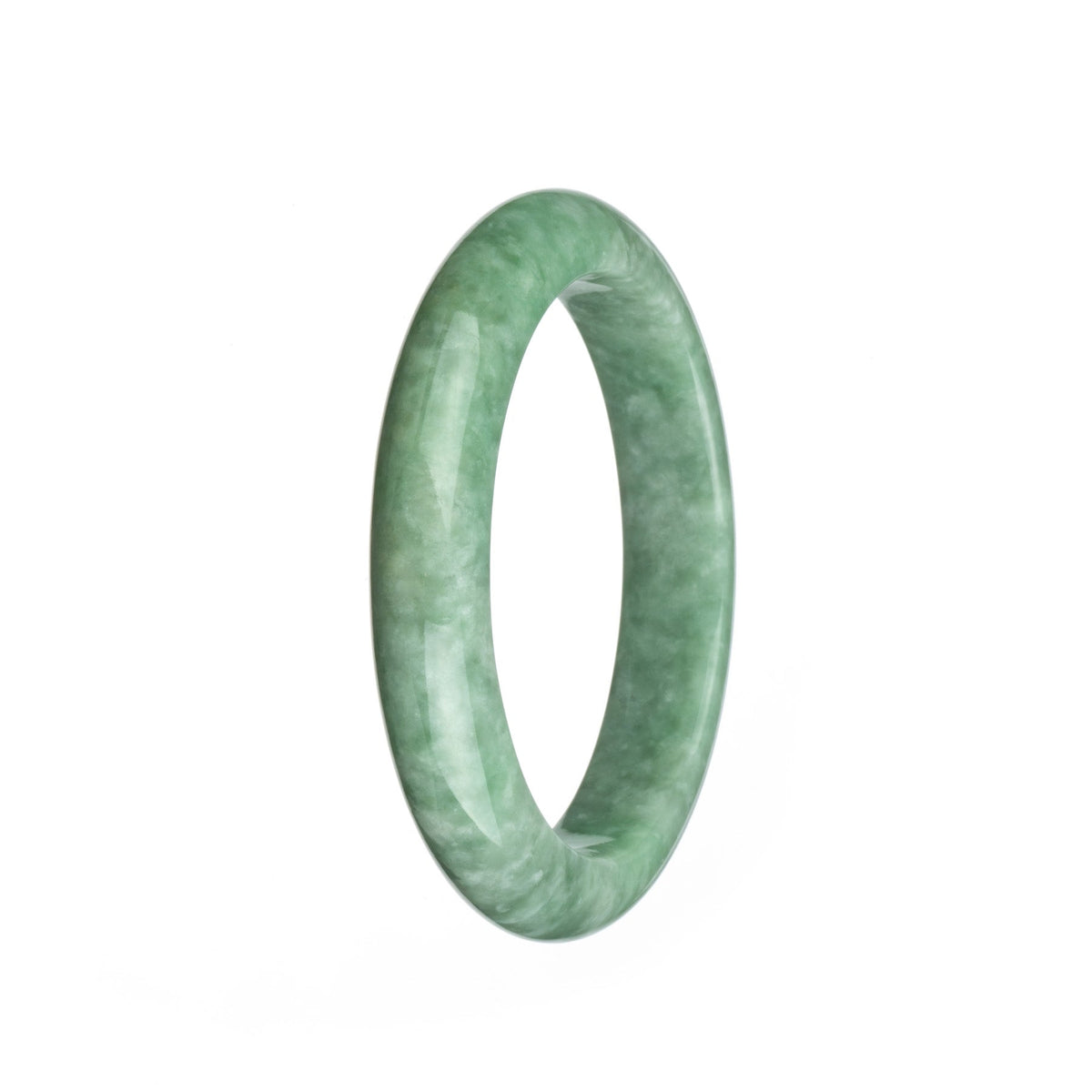A stunning light green jade bangle bracelet with a mottled pattern. This authentic Grade A piece is crafted in a traditional style and measures 59mm in a semi-round shape. Perfect for adding a touch of elegance to any outfit. From the MAYS™ collection.