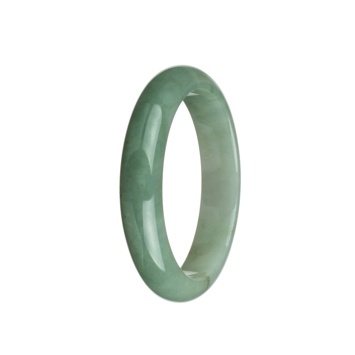 A close-up of a half-moon shaped traditional jade bracelet in shades of greyish green and white. The bracelet is made of genuine Grade A jade and measures 59mm in diameter.