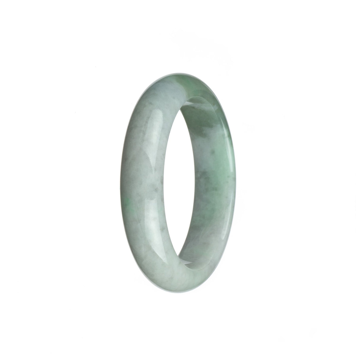 Close-up of a half-moon shaped bracelet made of certified untreated white Burmese jade. The jade has a beautiful olive green hue, adding a touch of elegance and uniqueness to the piece. The bracelet measures 52mm in diameter. Crafted with precision and care, this MAYS™ bracelet is a stunning addition to any jewelry collection.