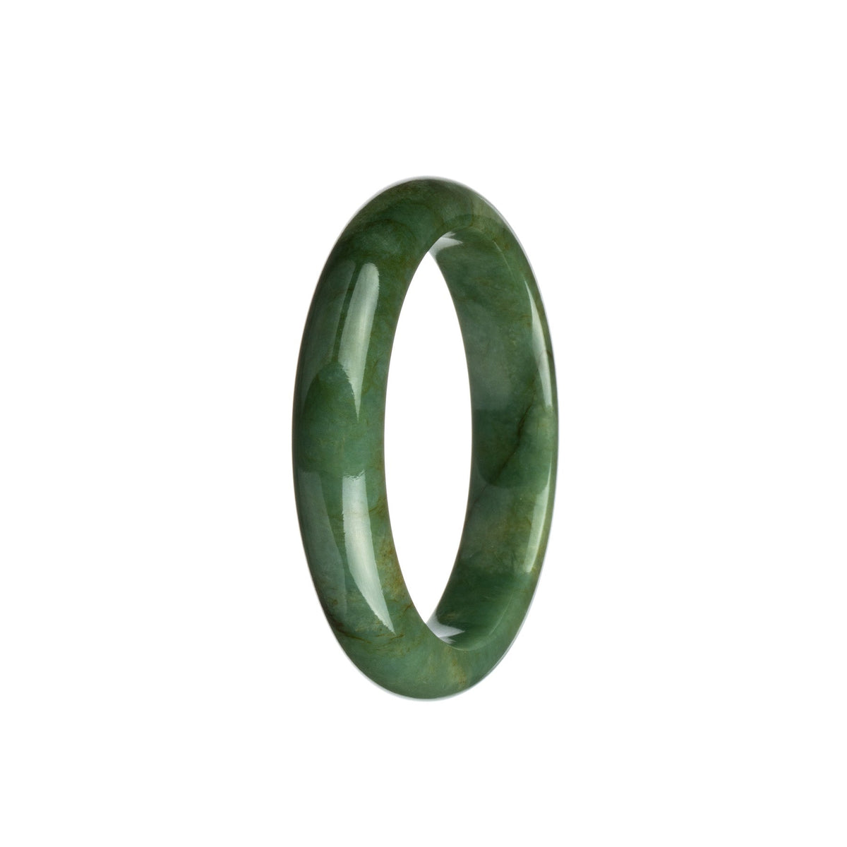 A close-up image of a green jade bracelet. The bracelet is made of Grade A green traditional jade and has a semi-round shape with a diameter of 54mm. The jade has a smooth and polished surface, exuding a sense of elegance and natural beauty.