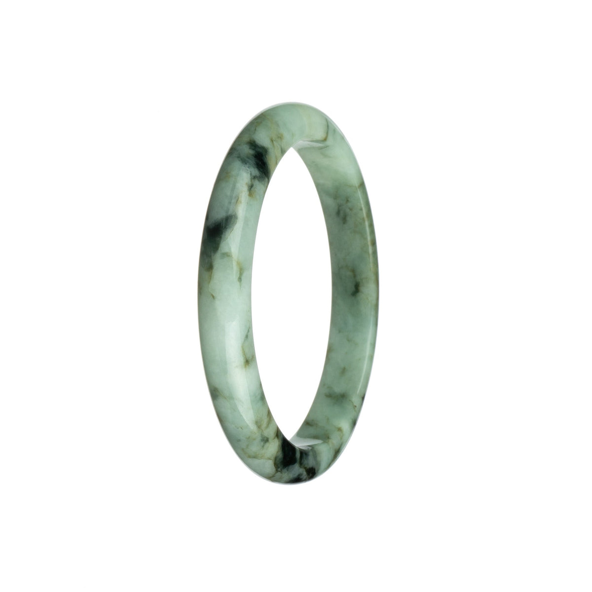 Genuine Natural White with Green and Black Pattern Burmese Jade Bangle - 58mm Semi Round