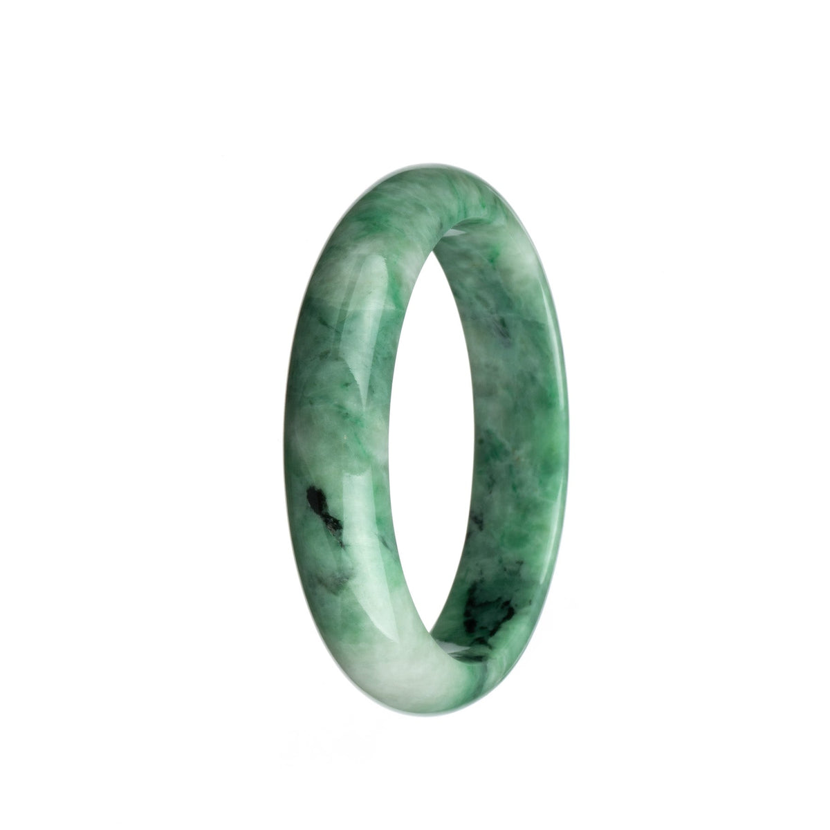 A close-up photo of a beautiful jadeite bangle bracelet featuring a mix of green and white patterns. The bracelet has a half-moon shape and measures 59mm in diameter.