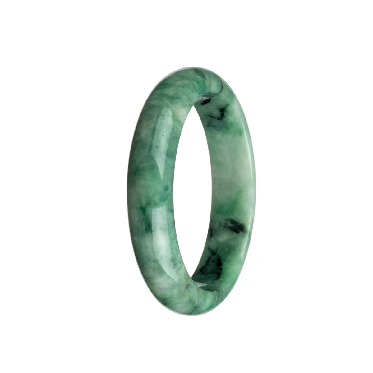 A beautiful green and white jade bangle bracelet with a half moon pattern, perfect for adding elegance and style to any outfit.