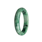 A beautiful green and white jade bangle bracelet with a half moon pattern, perfect for adding elegance and style to any outfit.