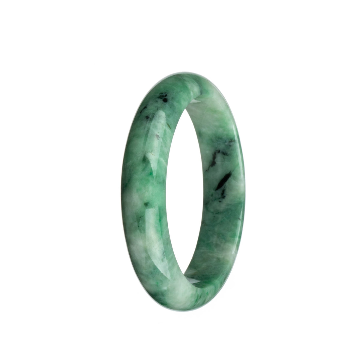 Real Untreated Green and White Pattern Jadeite Bangle Bracelet - 59mm Half Moon
